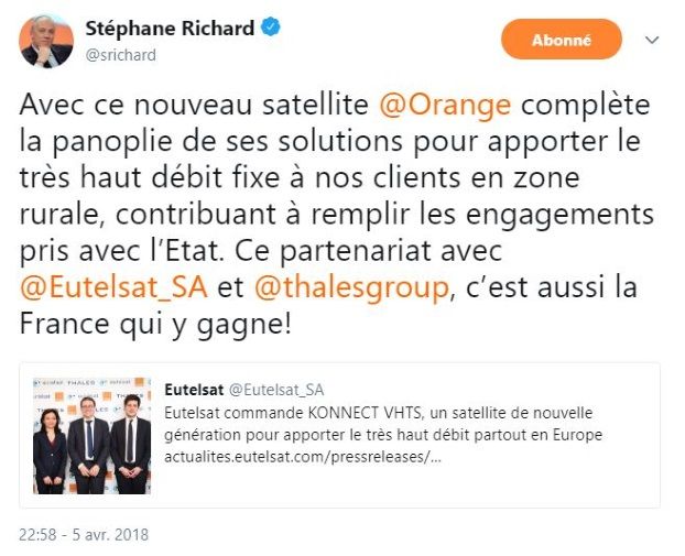 Stéphane Richard sur l'accord Orange Eutelsat pour TDH par satellite